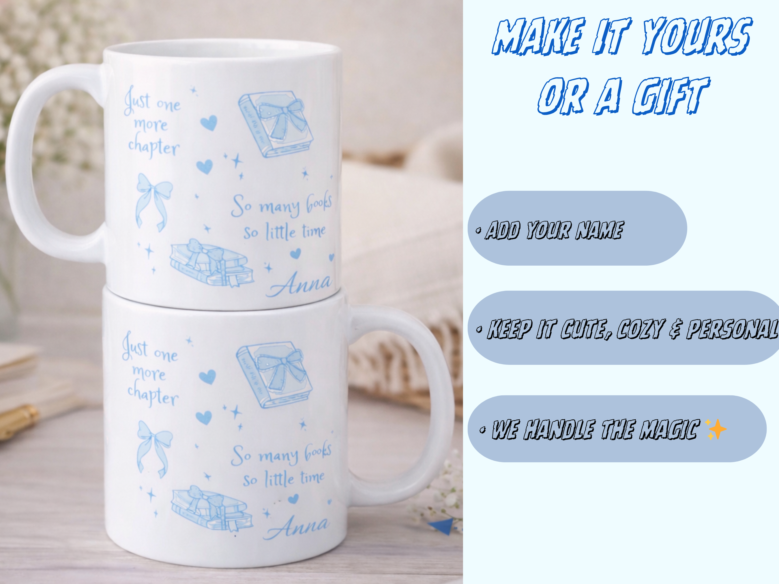 Personalized Book Mug-Blue, Custom Name Bookish Gift