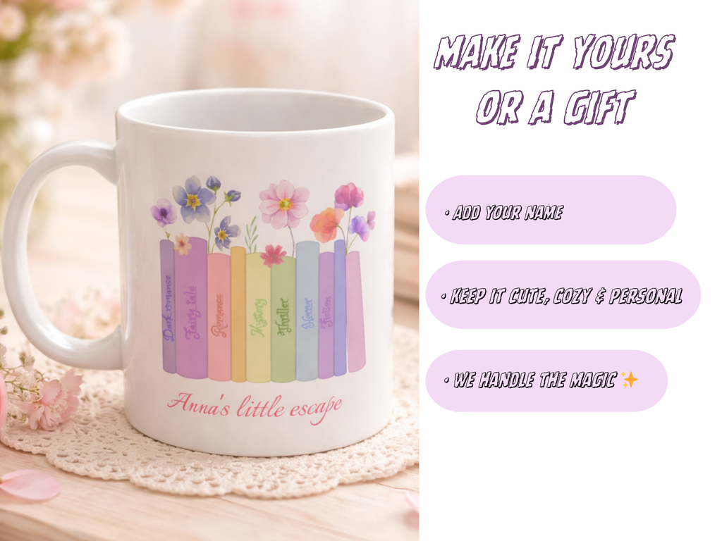 Personalized Book Lover Mug, Custom Name Floral Gift