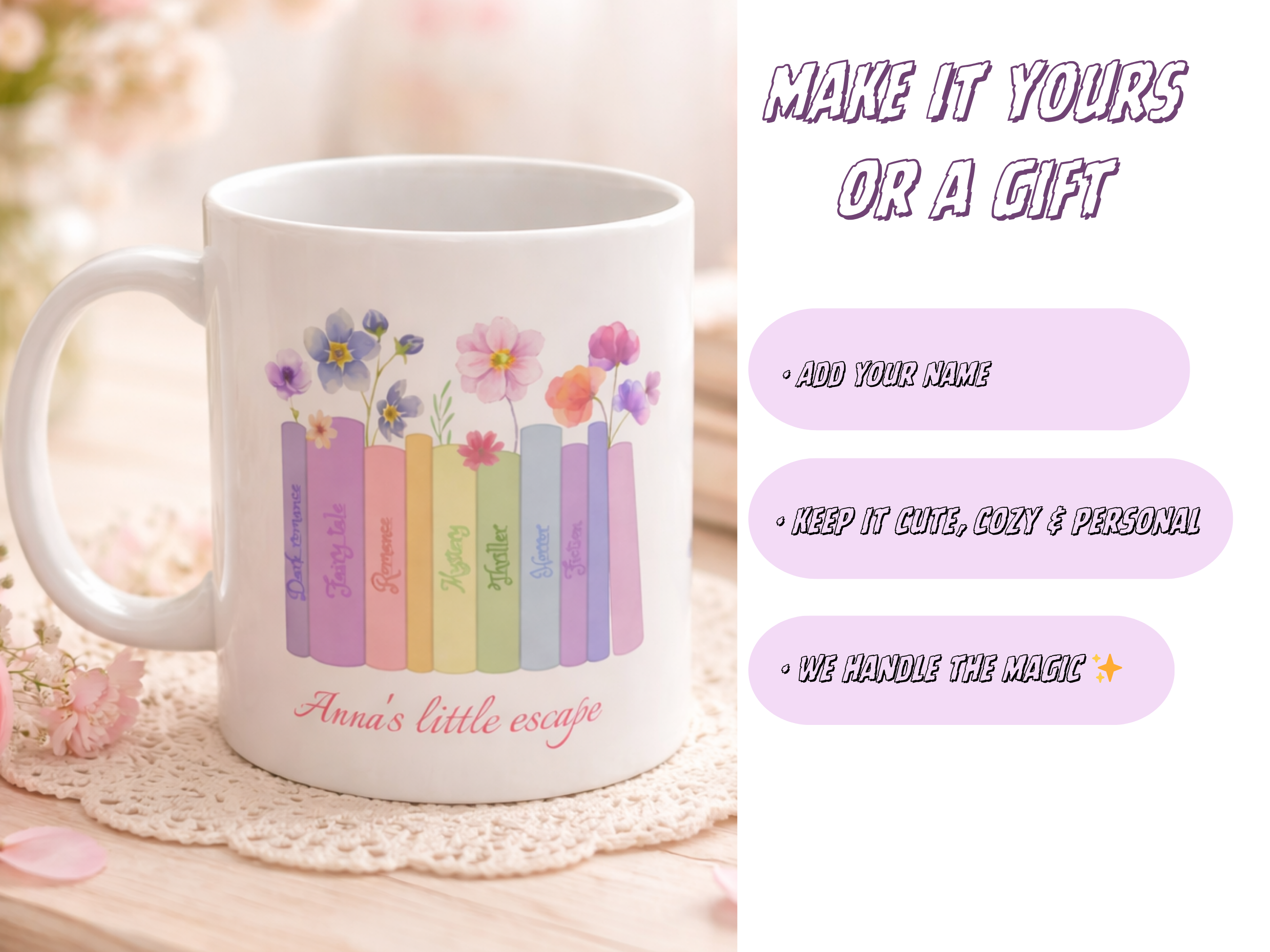 Personalized Book Lover Mug, Custom Name Floral Gift