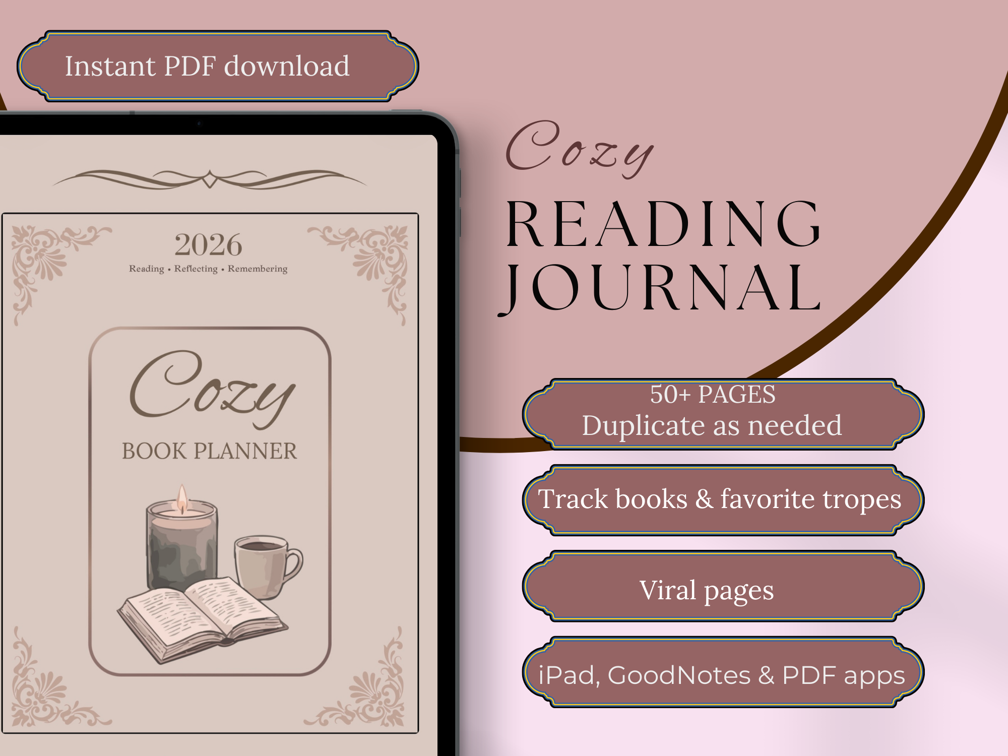 Cozy Book Planner 2026 Digital Reading Journal Printable & iPad Planner (50+ Pages)