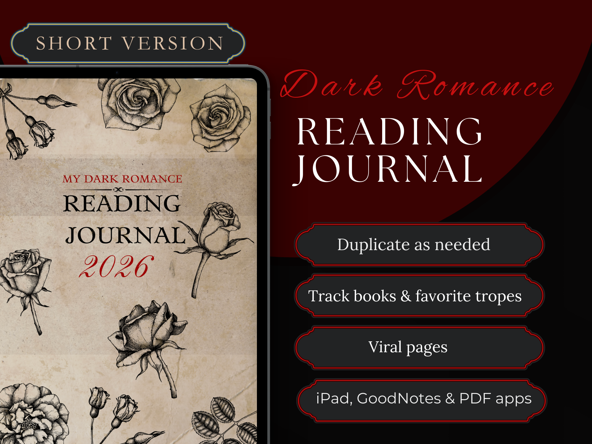Dark Romance Reading Journal 2026 Digital Book Planner (iPad & Printable) Short Edition