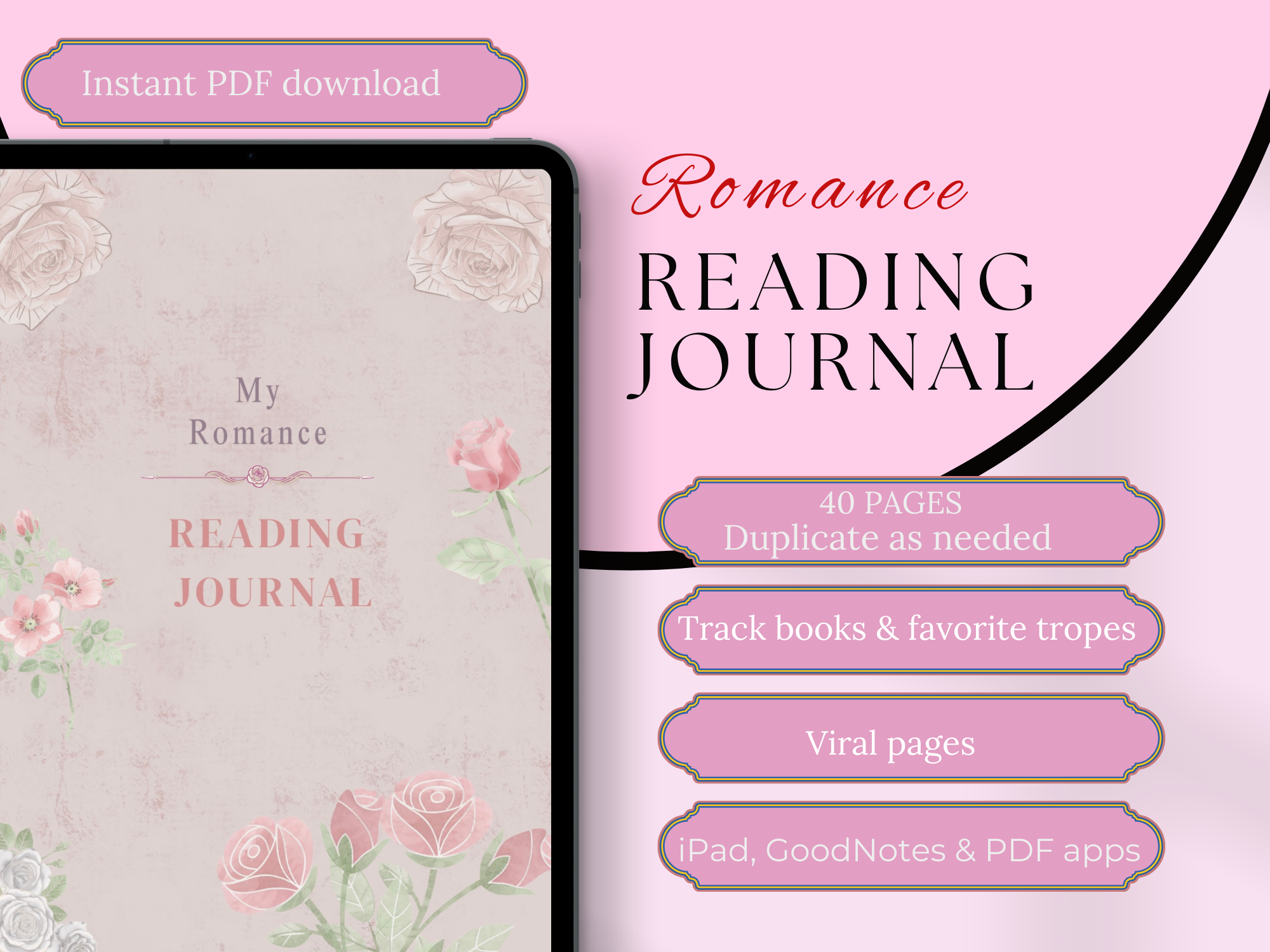 My Romance Reading Journal (Digital) 40-Page Romantic Book Planner & Reading Tracker