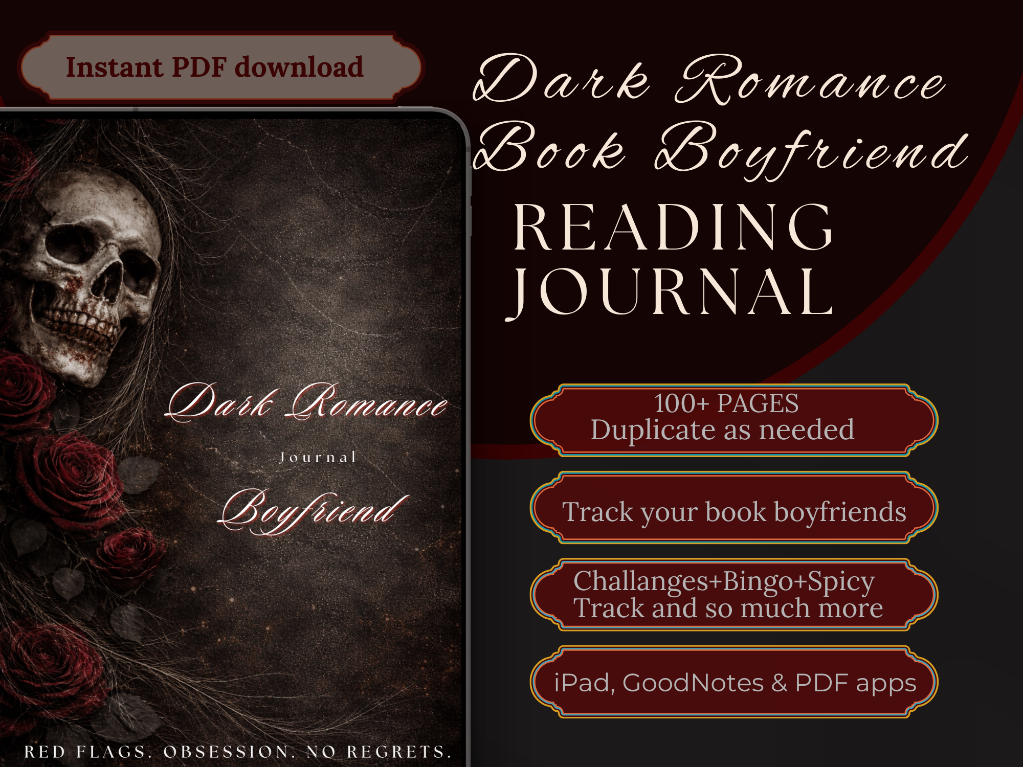 Dark Romance Book Boyfriend Journal Printable Reading Booktok Planner Spicy Romance Tracker, Challanges & Stickers