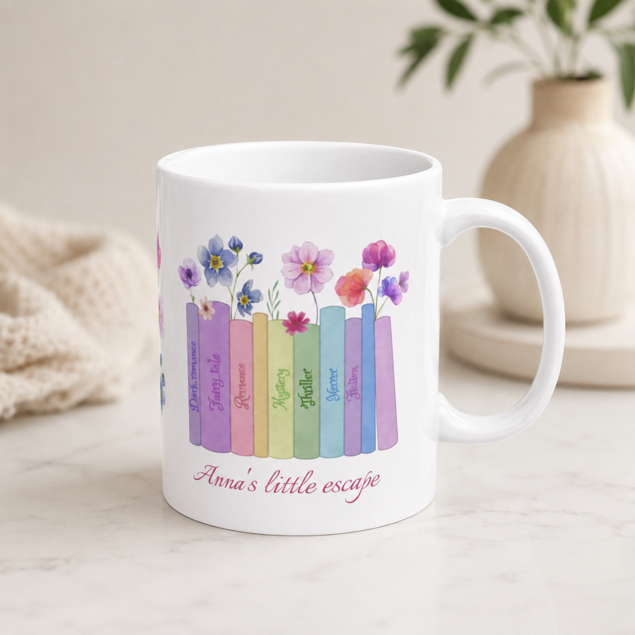Personalized Book Lover Mug, Custom Name Floral Gift