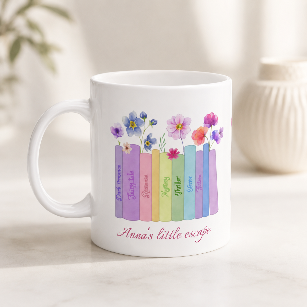 Personalized Book Lover Mug, Custom Name Floral Gift